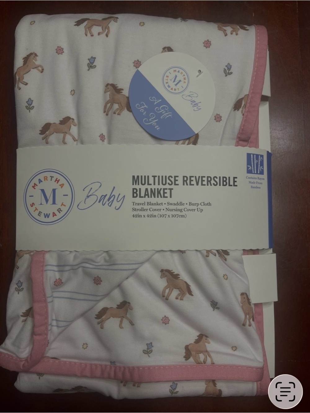 Martha Stewart Baby White & Pink Horse Multiuse Reversible Blanket